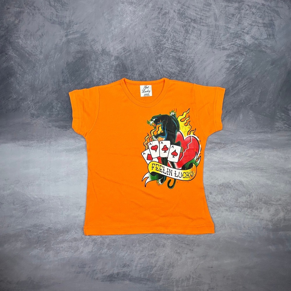 Get Lucky Orange Panther Graphic T-Shirt Y2K Slim Fit Baby Tee Mens Medium - Picture 2 of 7
